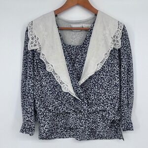 Vintage Liz Roberts Skirt Set Women Medium Navy Floral Lace Collar Pleated Retro